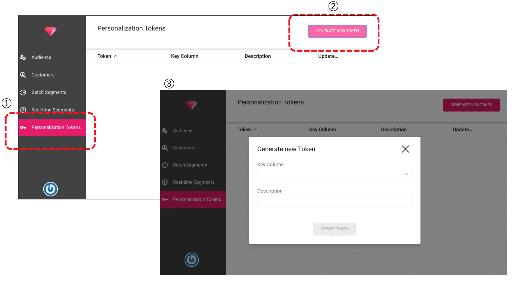 Segment Builderでの、「Personalization token」の発行画面