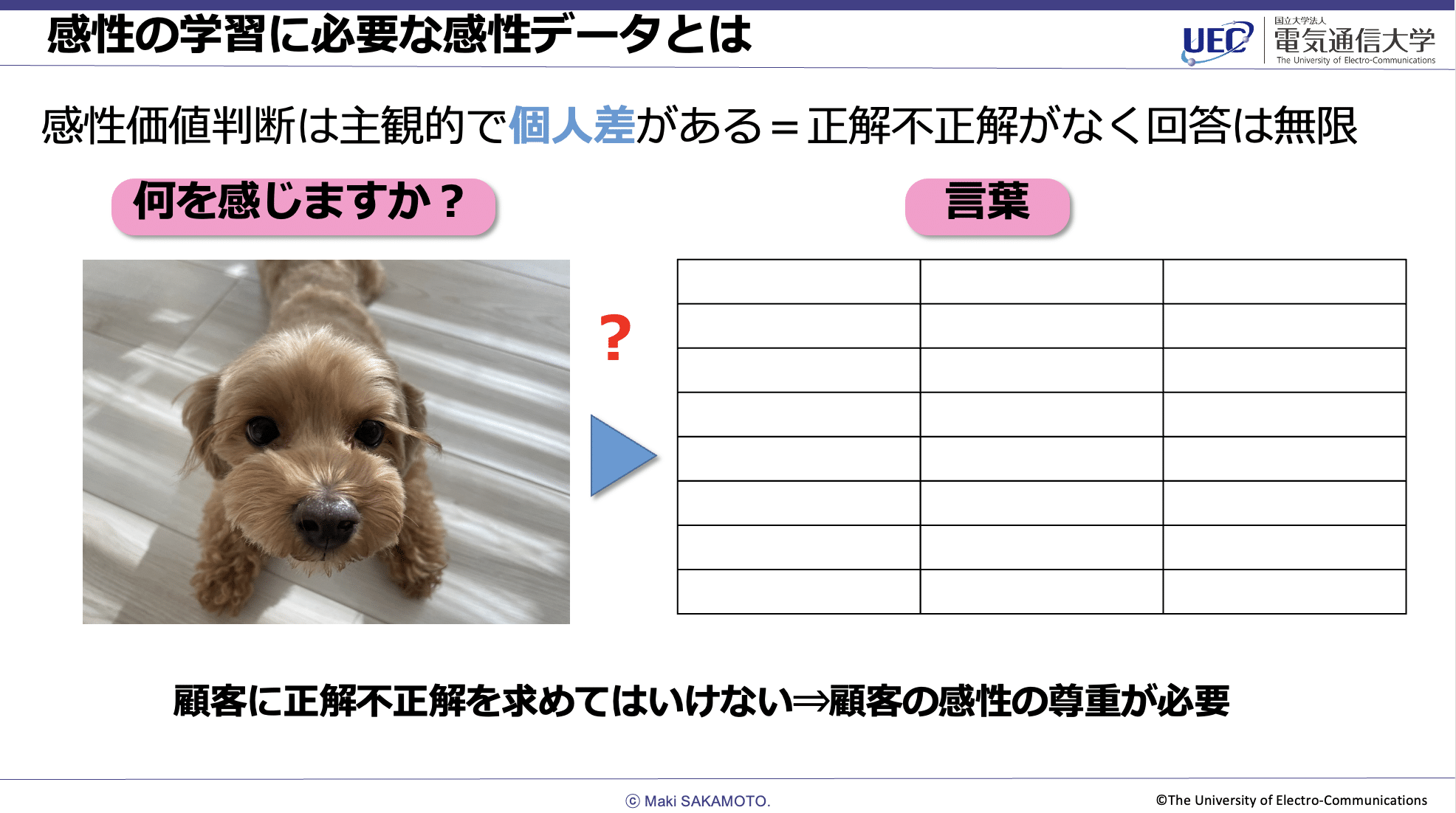 感性の学習に必要な感性データとは、と題したスライド。感性価値判断は主観的で個人差がある＝正解不正解がなく回答は無限。可愛い犬の写真の上に「何を感じますか？」と問いかけ、その横に表形式の空白のマス目があり、感性の言語化を促す。「顧客に正解不正解を求めてはいけない⇒顧客の感性の尊重が必要」と記す