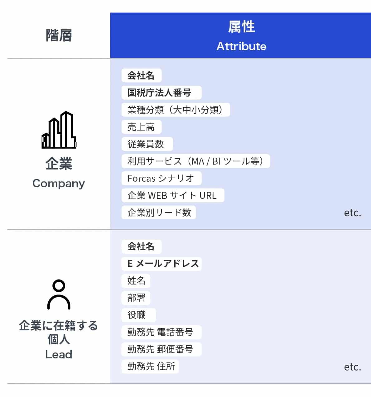 属性情報に関する、企業と在籍する個人のデータ項目一覧図